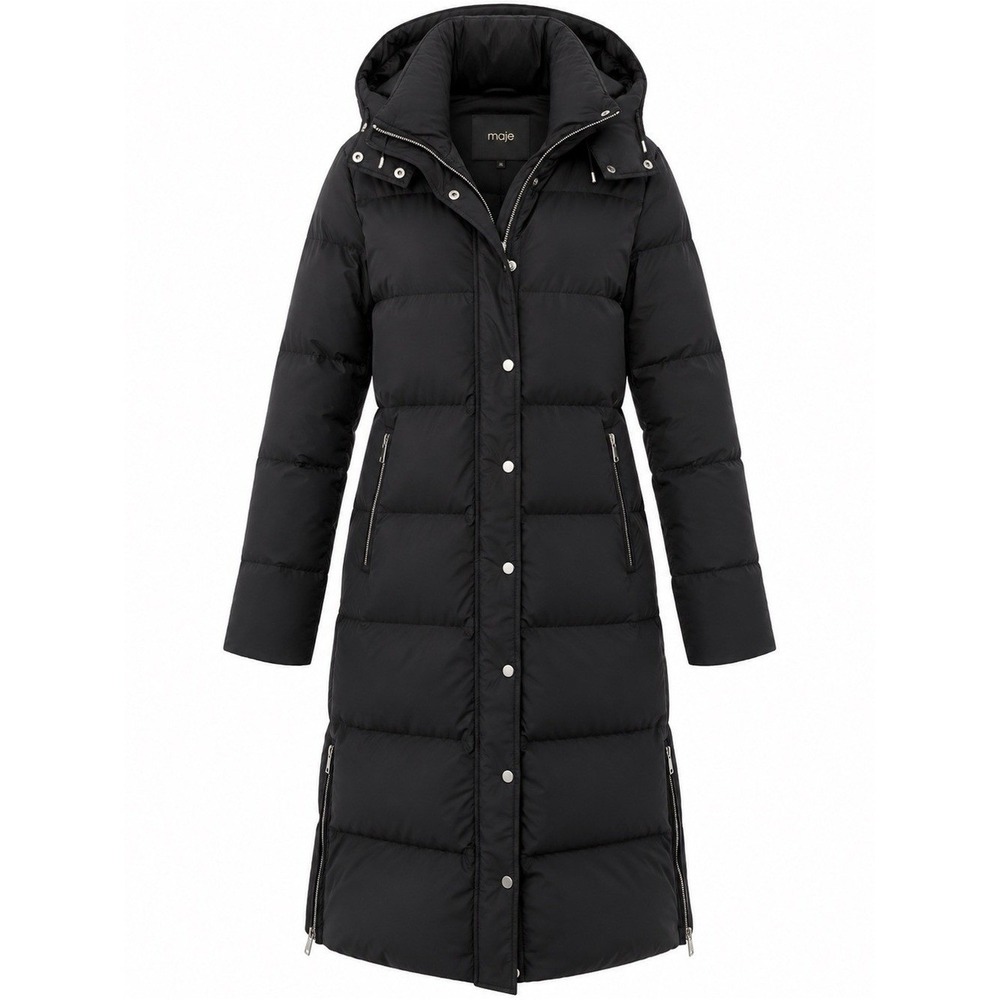 Maje Paris Long Black Down Puffer Coat Hooded FR 36 US 4 Small $499